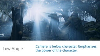 Camera is below character. Emphasizes
the power of the character.
Low Angle
 