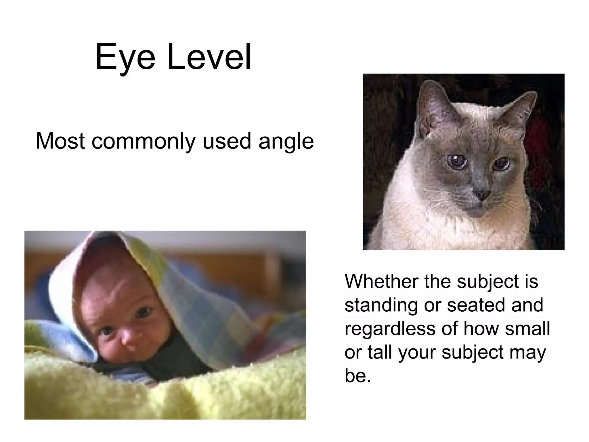Eye Level
Most commonly used angle
Whether the subject is
standing or seated and
regardless of how small
or tall your subject may
be.
 