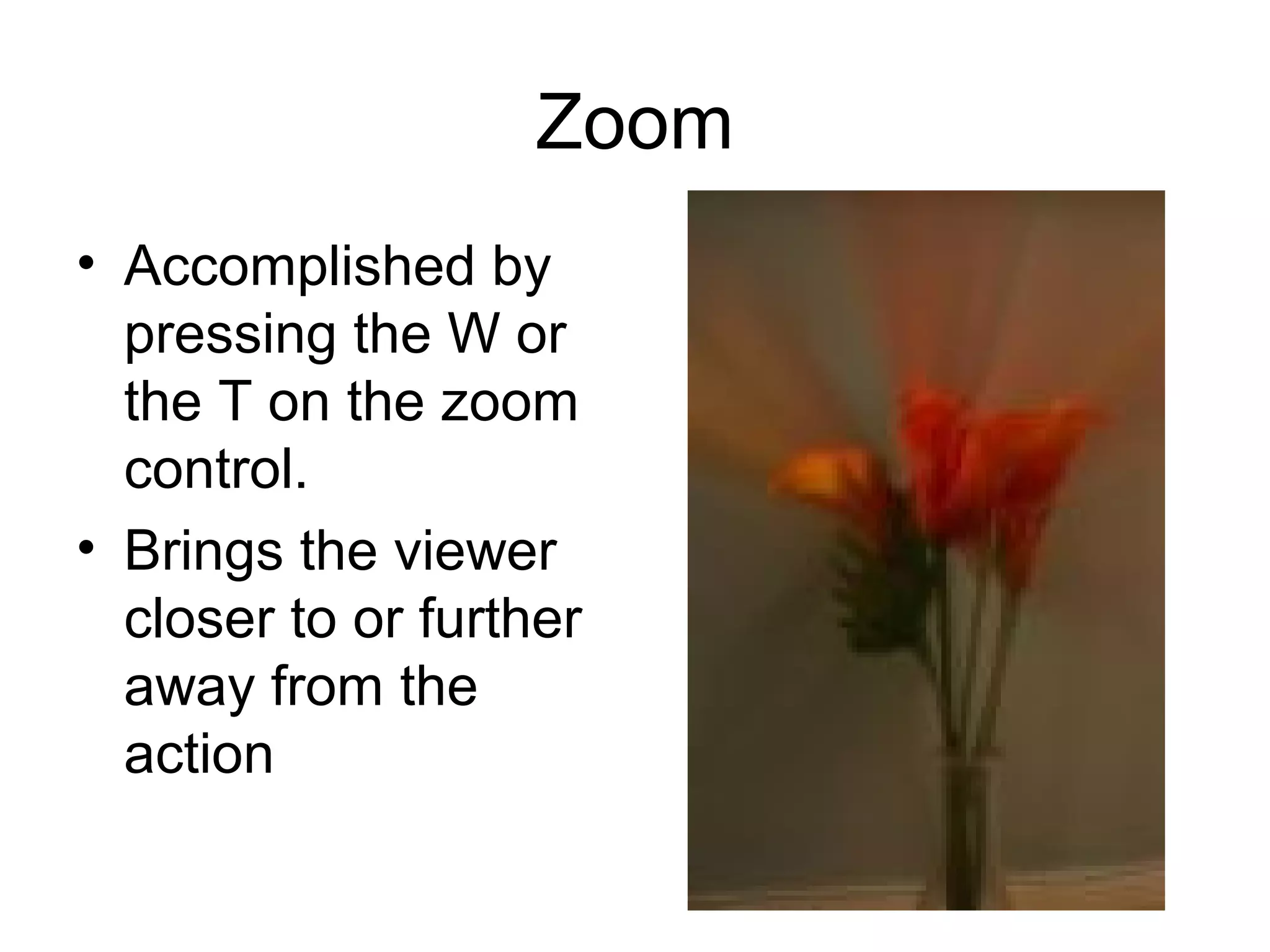 Zoom
• Accomplished by
pressing the W or
the T on the zoom
control.
• Brings the viewer
closer to or further
away from the
action
 