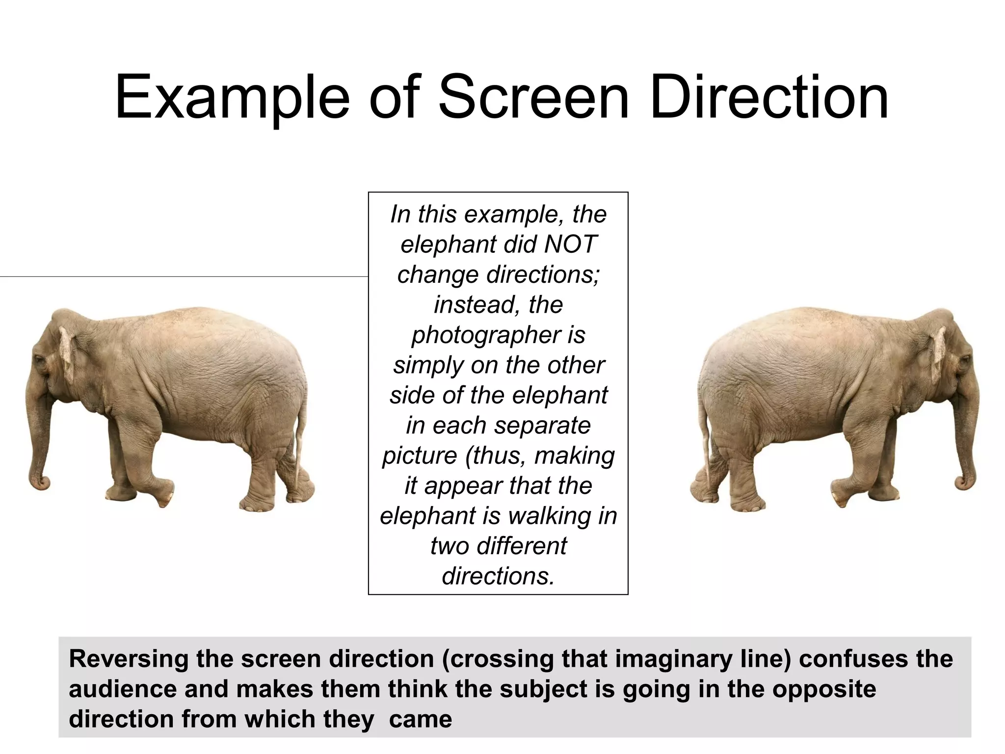 Example of Screen Direction
Reversing the screen direction (crossing that imaginary line) confuses the
audience and makes them think the subject is going in the opposite
direction from which they came
In this example, the
elephant did NOT
change directions;
instead, the
photographer is
simply on the other
side of the elephant
in each separate
picture (thus, making
it appear that the
elephant is walking in
two different
directions.
 