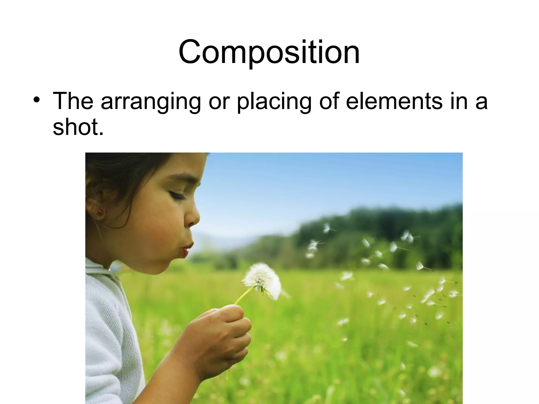 Composition
• The arranging or placing of elements in a
shot.
 