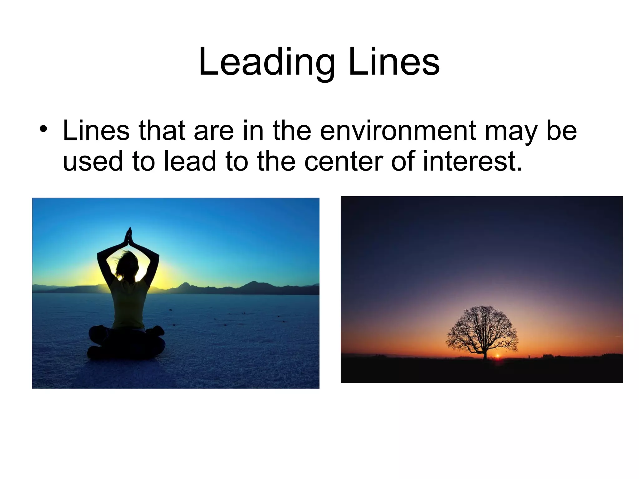 Leading Lines
• Lines that are in the environment may be
used to lead to the center of interest.
 