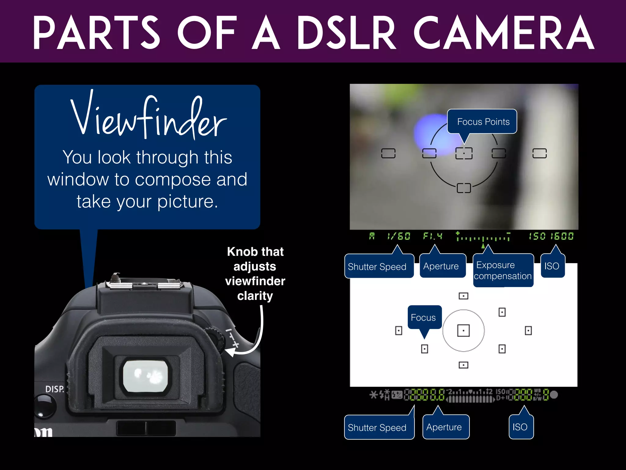 Parts of a DSLR CAMERA
You look through this
window to compose and
take your picture.
Viewfinder
Shutter Speed Aperture Exposure
compensation
ISO
Focus Points
Focus
Aperture ISOShutter Speed
Knob that
adjusts
viewﬁnder
clarity
 