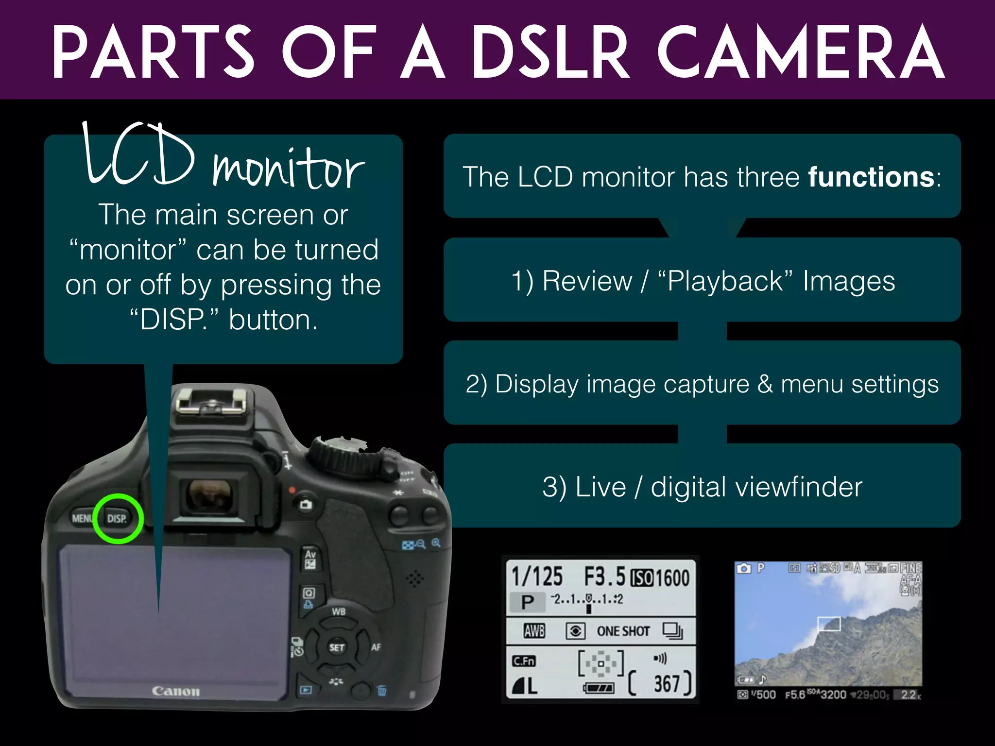 Parts of a DSLR CAMERA
The LCD monitor has three functions:
1) Review / “Playback” Images
2) Display image capture & menu settings
3) Live / digital viewﬁnder
The main screen or
“monitor” can be turned
on or off by pressing the
“DISP.” button.
LCD monitor
 