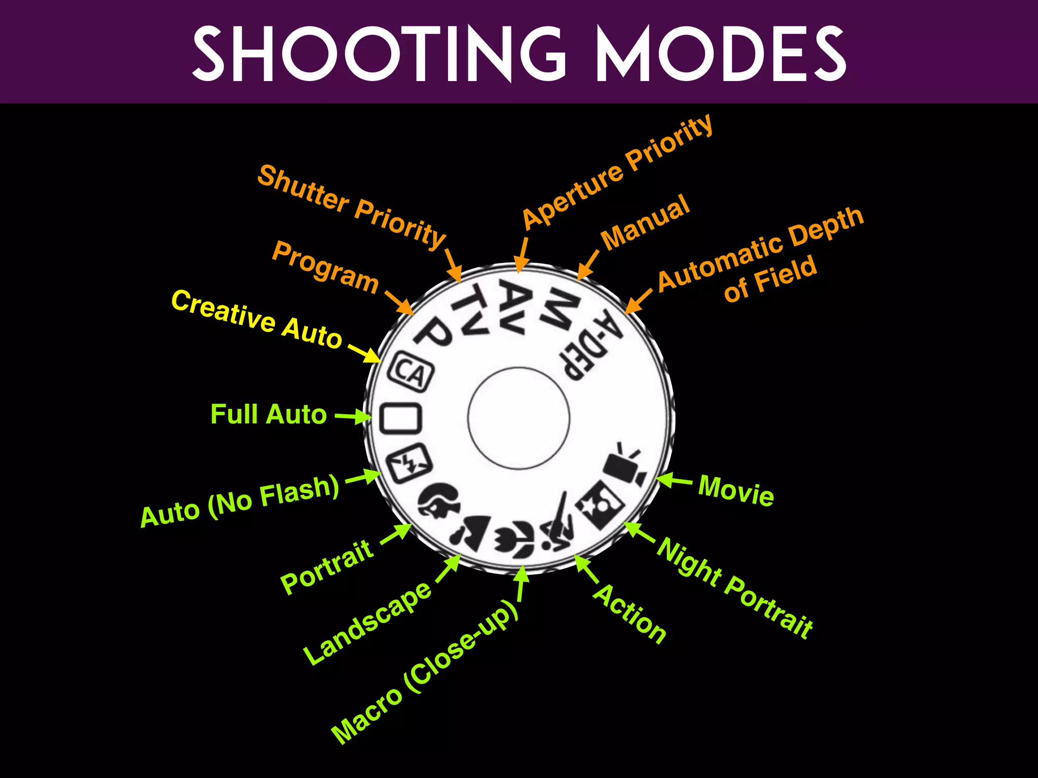 Shooting Modes
Automatic Depth
of Field
Full Auto
Manual
Aperture Priority
Shutter Priority
Program
Creative Auto
Auto (No Flash)
Portrait
Landscape
M
acro
(Close-up)
Action
Night Portrait
Movie
 