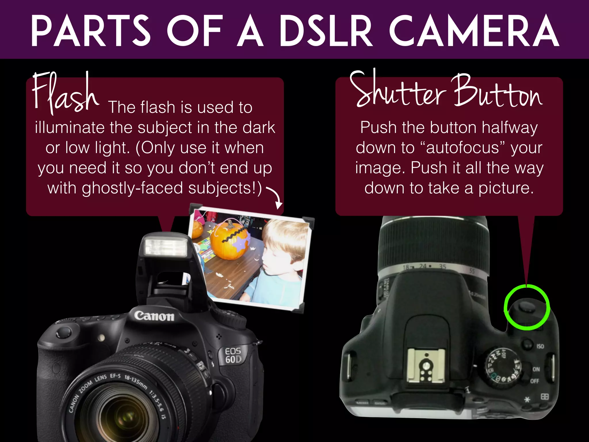 The ﬂash is used to
illuminate the subject in the dark
or low light. (Only use it when
you need it so you don’t end up
with ghostly-faced subjects!)
Flash
Parts of a DSLR CAMERA
Push the button halfway
down to “autofocus” your
image. Push it all the way
down to take a picture.
Shutter Button
 