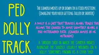 ped
dolly
track
Thecameramovesupordowninafixedposition.
(imagineyourneckgettingtallerorshorter)
A DOLLY IS A CART THAT TRAVELS ALONG TRACKS THIS
ALLOWS THE CAMERA TO MOVE SMOOTHLY ALONG A
PRE-DETERMINED PATH. (CAMERA MOVES IN OR
OUTWARDS)
a smooth shot in which the camera moves
alongside the subject, usually mounted on a
dolly. sometimes known as a crab shot.
 