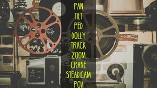 pan
tilt
ped
dolly
track
zoom
crane
steadicam
POV
 