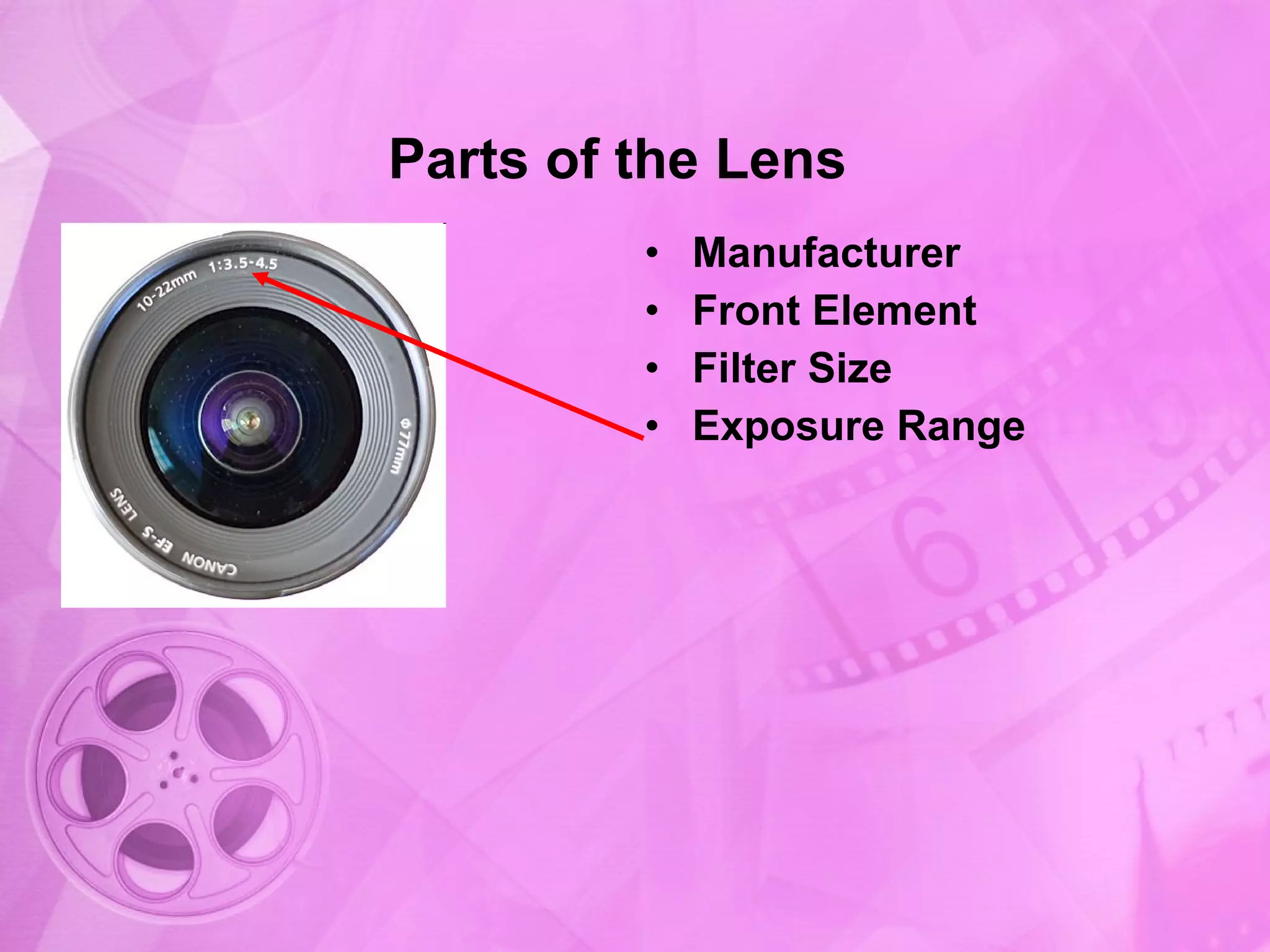 Parts of the Lens Manufacturer Front Element Filter Size Exposure Range 