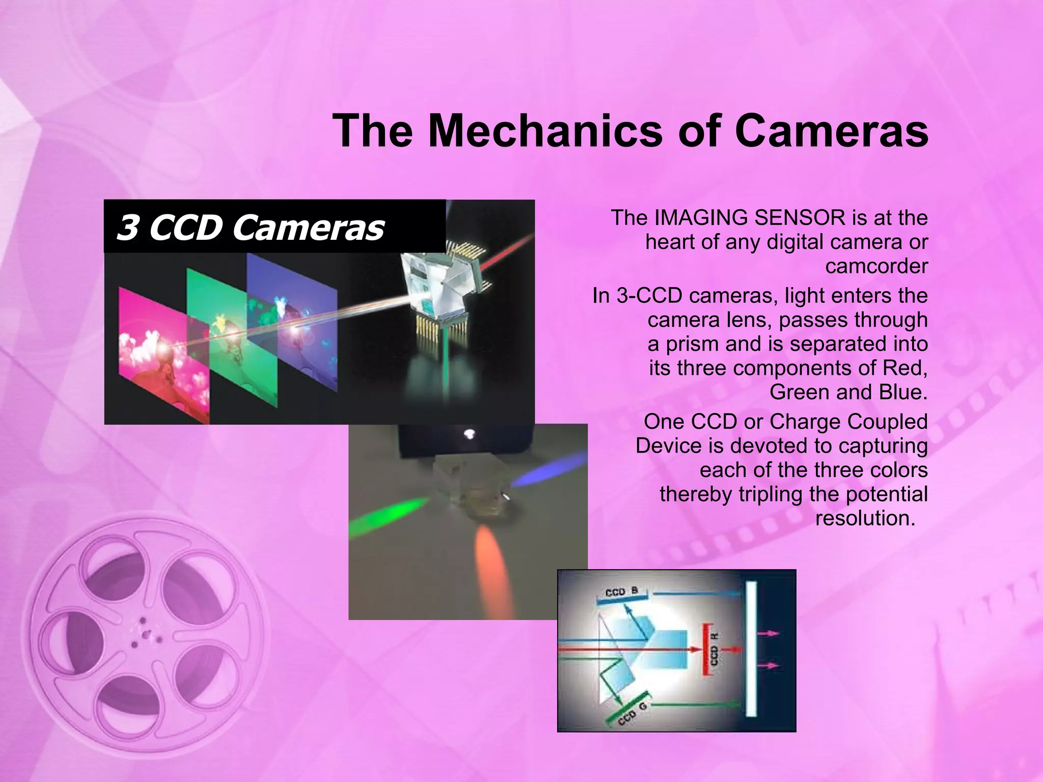 The Mechanics of Cameras The IMAGING SENSOR is at the heart of any digital camera or camcorder In 3-CCD cameras, light enters the camera lens, passes through a prism and is separated into its three components of Red, Green and Blue. One CCD or Charge Coupled Device is devoted to capturing each of the three colors thereby tripling the potential resolution.  3 CCD Cameras 