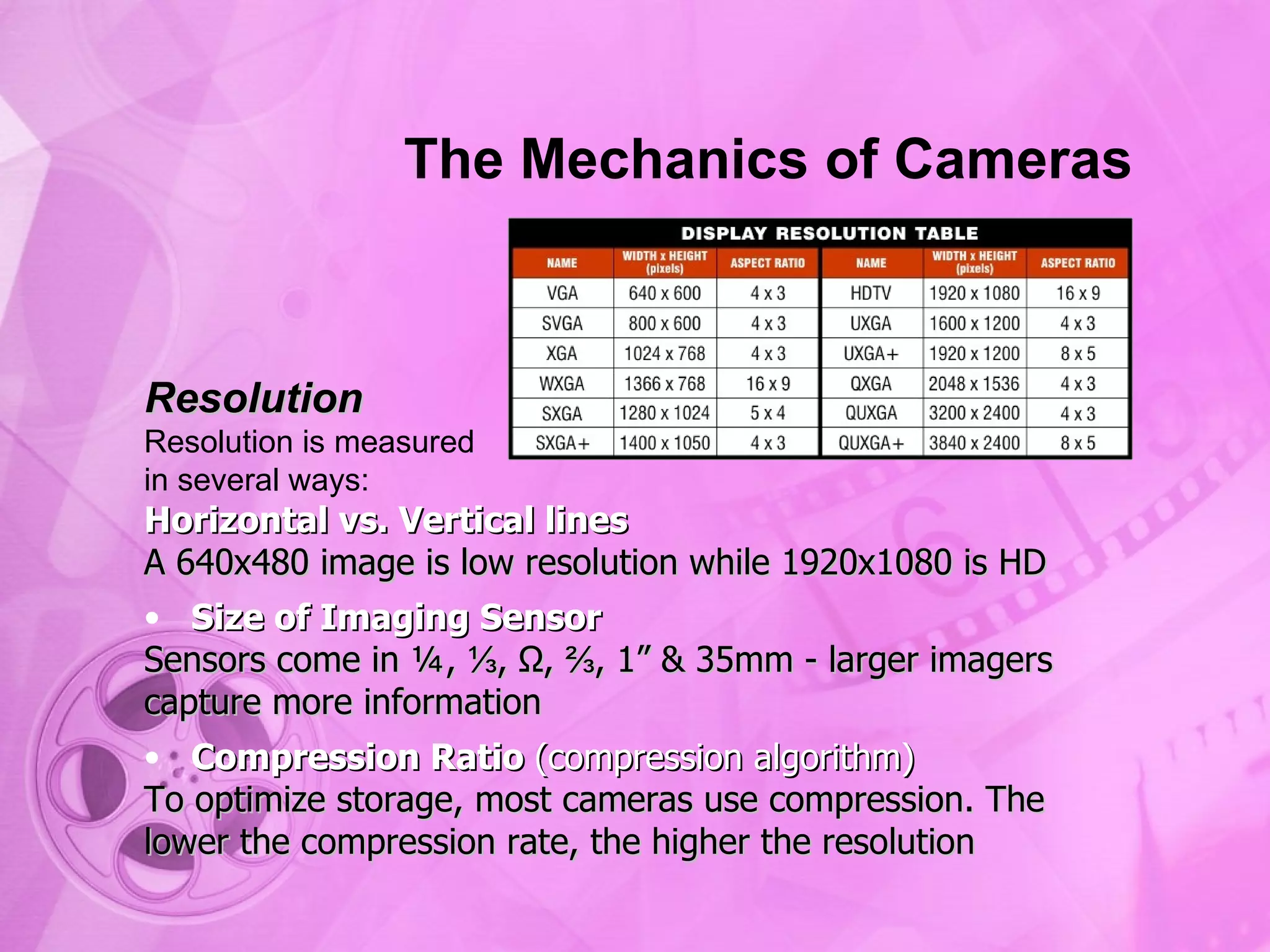 The Mechanics of Cameras Resolution Resolution is measured in several ways: Horizontal vs. Vertical lines A 640x480 image is low resolution while 1920x1080 is HD Size of Imaging Sensor Sensors come in ¼, ⅓, ½, ⅔, 1” & 35mm - larger imagers capture more information Compression Ratio  (compression algorithm) To optimize storage, most cameras use compression. The lower the compression rate, the higher the resolution 