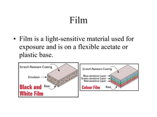Film
• Film is a light-sensitive material used for
  exposure and is on a flexible acetate or
  plastic base.
 