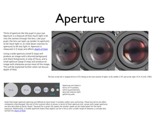 Aperture
Think of aperture like the pupil in your eye.
Aperture is a measure of how much light is let
into the camera through the lens. Like your
pupil, the lens can open up (widen its aperture)
to let more light in, or close down (narrow its
aperture) to let less light in. Aperture is
measured in f/ stops and aﬀects depth of ﬁeld.

Using a wide aperture (small f/ stop) will
produce an image with a blurred background
and sharp foreground, or area of focus, and a
small aperture (large f/ stop) will produce an
image with sharpness across more of the image.
This will be explained further when we discuss
depth of ﬁeld.


                                                       The lens on the left is stopped down to f/22 (letting in the least amount of light), in the middle is f/8, and on the right, f/2.8. (Credit: CBSi)



                                                                           Apertures are listed in
                                                                           terms of f-numbers,
                                                                           which quantitatively
                                                                           describe relative light-
                                                                           gathering area .



 Note that larger aperture openings are deﬁned to have lower f-numbers (o4en very confusing). These two terms are o4en
 mistakenly interchanged; the rest of this tutorial refers to lenses in terms of their aperture size. Lenses with larger apertures
 are also described as being “faster,” because for a given ISO speed, the shutter speed can be made faster for the same
 exposure. Additionally, a smaller aperture means that objects can be in focus over a wider range of distance, a concept also
 termed the depth of ﬁeld.
 