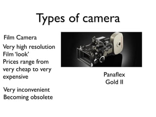 Types of camera
Film Camera
Very high resolution
Film ‘look’
Prices range from
very cheap to very
expensive               Panaﬂex
                         Gold II
Very inconvenient
Becoming obsolete
 