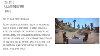 SHOTTYPE8
CAGEANDTHEELEPHANT
TROUBLE
SHOTTYPE:ESTABLISHINGWIDEtwoSHOT
THisshotgivesoftheobscurityofthevideo,thetwomensathaving
lunchinthemiddleofthedessertisn’ta“normal”thingtodoso
revealstotheaudiencethatthistypeofvideowillbeodd.Thisshot
givesaclearimageofthesettingandalongsidethehighkeylighting
showsthattheyareinthemiddleofthedesertandbythemselvesthrough
theuseofthetheshot.Thistypeofshotappealstomeasithink itisa
greatwaytoshowthewackinessofyourvideowhilstkeepingthe
audienceinterestedandengaged.
 