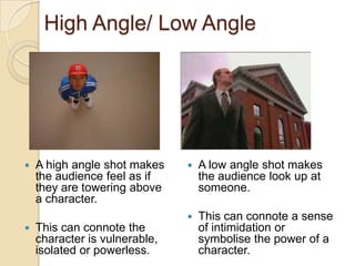 High Angle/ Low Angle



A high angle shot makes
the audience feel as if
they are towering above
a character.
This can connote the
character is vulnerable,
isolated or powerless.



A low angle shot makes
the audience look up at
someone.





This can connote a sense
of intimidation or
symbolise the power of a
character.

 