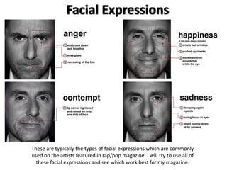 These are typically the types of facial expressions which are commonly 
used on the artists featured in rap/pop magazine. I will try to use all of 
these facial expressions and see which work best for my magazine. 
