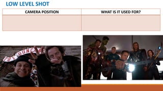 LOW LEVEL SHOT
CAMERA POSITION WHAT IS IT USED FOR?
 