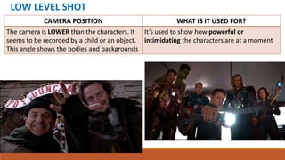 LOW LEVEL SHOT
CAMERA POSITION WHAT IS IT USED FOR?
The camera is LOWER than the characters. It
seems to be recorded by a child or an object.
This angle shows the bodies and backgrounds
It’s used to show how powerful or
intimidating the characters are at a moment
 