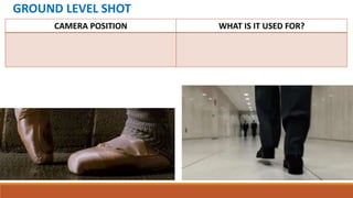 GROUND LEVEL SHOT
CAMERA POSITION WHAT IS IT USED FOR?
 