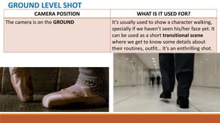 GROUND LEVEL SHOT
CAMERA POSITION WHAT IS IT USED FOR?
The camera is on the GROUND It’s usually used to show a character walking,
specially if we haven’t seen his/her face yet. It
can be used as a short transitional scene
where we get to know some details about
their routines, outfit… It’s an enthrilling shot.
 