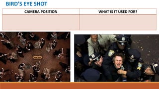 BIRD’S EYE SHOT
CAMERA POSITION WHAT IS IT USED FOR?
 