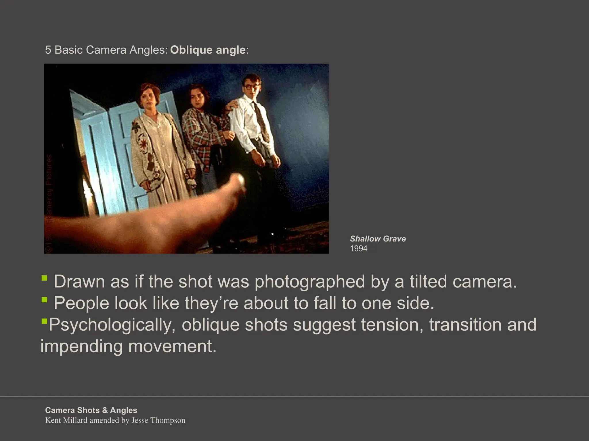 Camera Shots & Angles
Kent Millard amended by Jesse Thompson
5 Basic Camera Angles:
 Drawn as if the shot was photographed by a tilted camera.
 People look like they’re about to fall to one side.
Psychologically, oblique shots suggest tension, transition and
impending movement.
Oblique angle:
Shallow Grave
1994
 