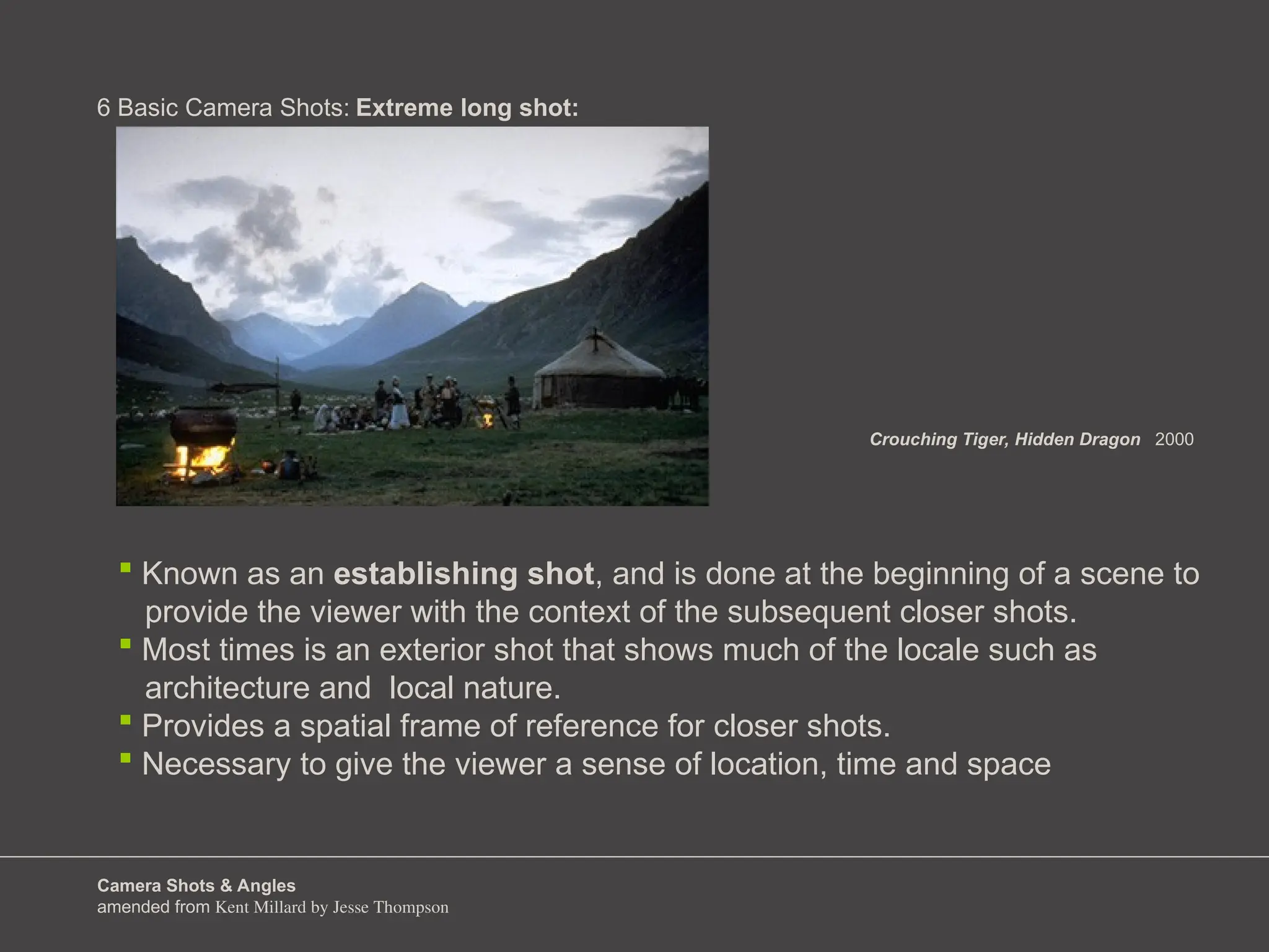 Camera Shots & Angles
amended from Kent Millard by Jesse Thompson
6 Basic Camera Shots:
 Known as an establishing shot, and is done at the beginning of a scene to
provide the viewer with the context of the subsequent closer shots.
 Most times is an exterior shot that shows much of the locale such as
architecture and local nature.
 Provides a spatial frame of reference for closer shots.
 Necessary to give the viewer a sense of location, time and space
Extreme long shot:
Crouching Tiger, Hidden Dragon 2000
 