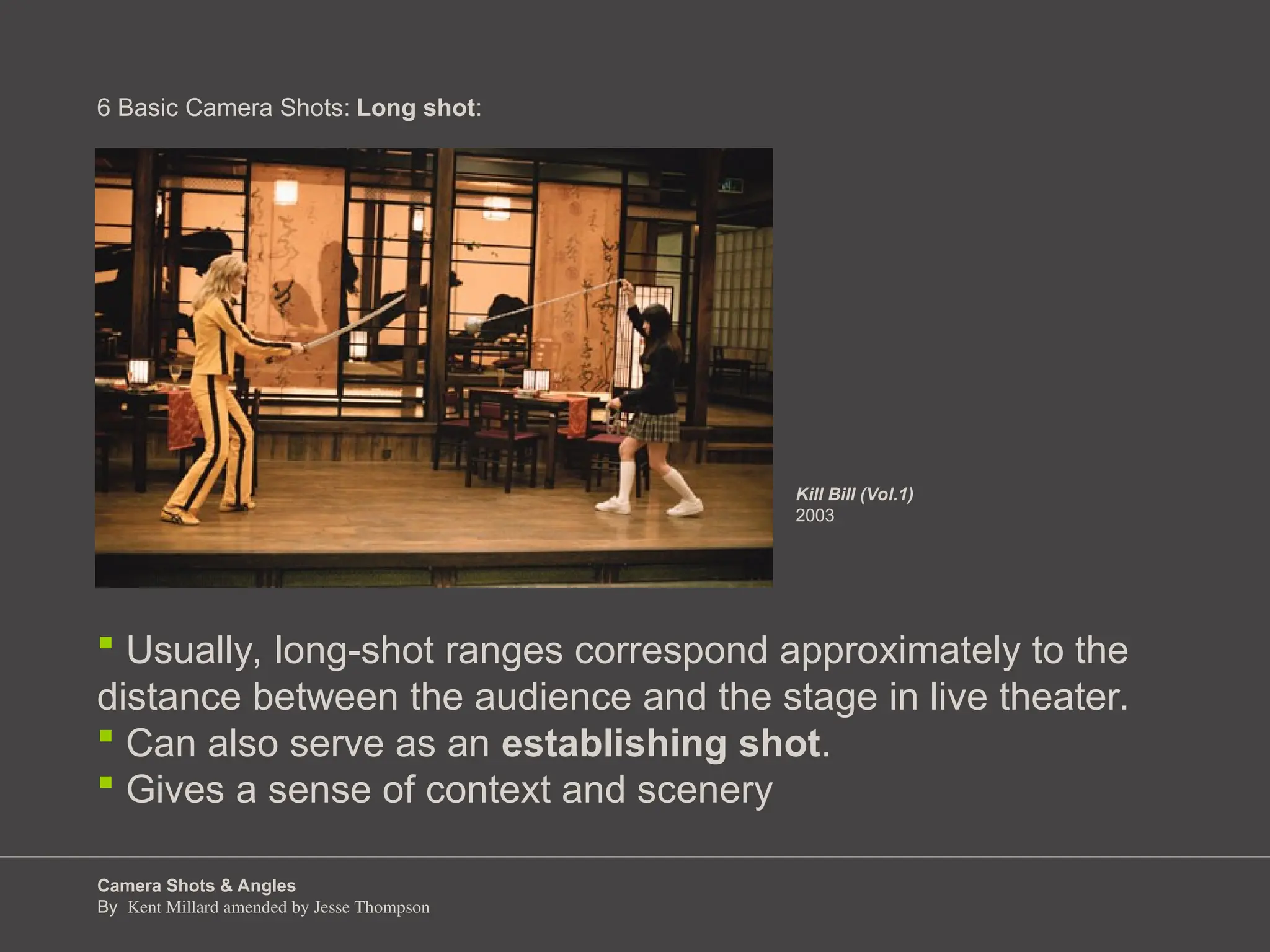 Camera Shots & Angles
By Kent Millard amended by Jesse Thompson
6 Basic Camera Shots:
 Usually, long-shot ranges correspond approximately to the
distance between the audience and the stage in live theater.
 Can also serve as an establishing shot.
 Gives a sense of context and scenery
Long shot:
Kill Bill (Vol.1)
2003
 