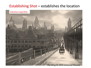 Establishing Shot  – establishes the location Extreme Long Shot The Sting © 1973 Universal Pictures 