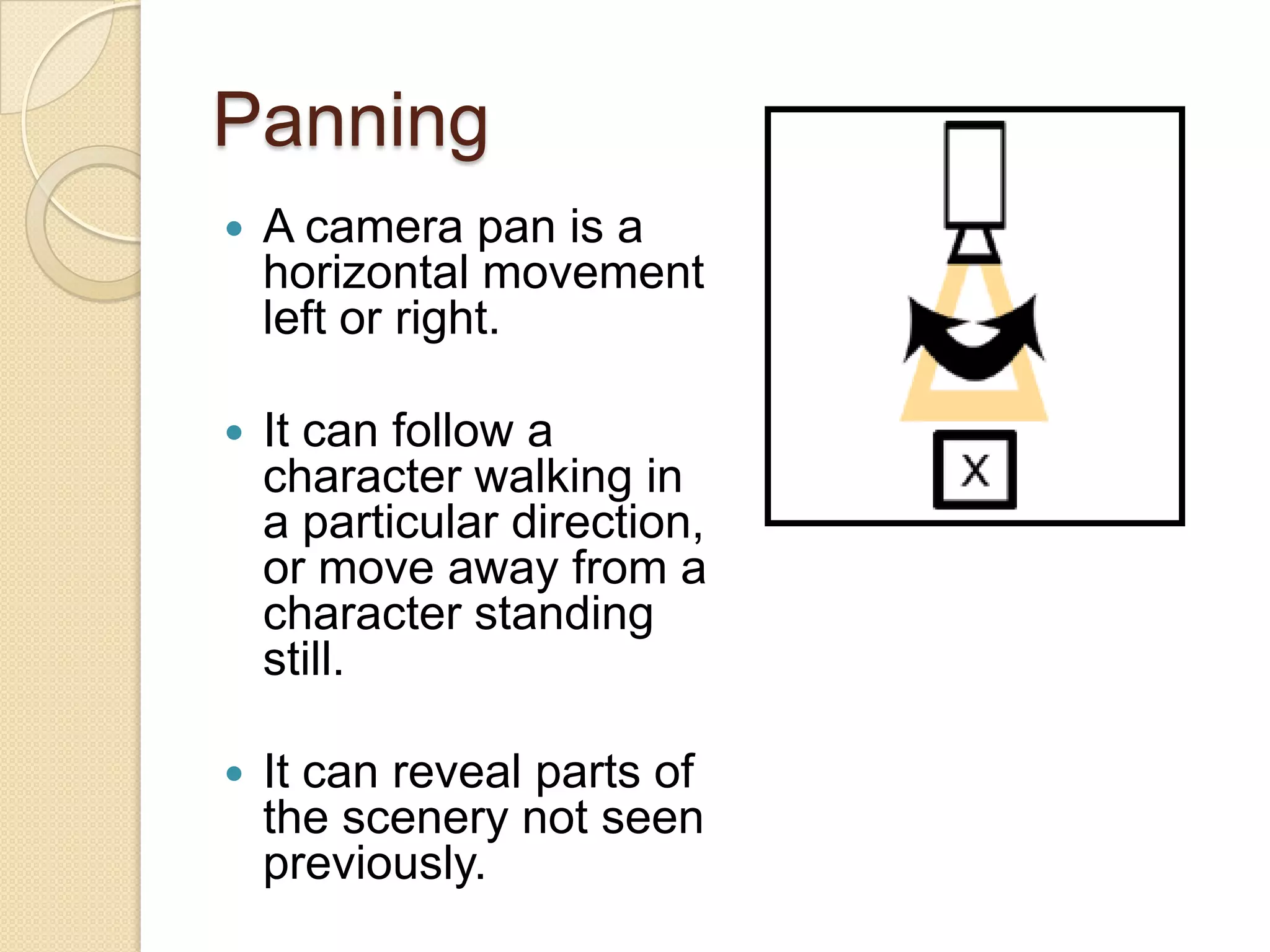 Panning
   A camera pan is a
    horizontal movement
    left or right.

   It can follow a
    character walking in
    a particular direction,
    or move away from a
    character standing
    still.

   It can reveal parts of
    the scenery not seen
    previously.
 