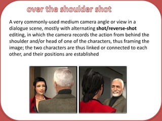 over the shoulder shotA very commonly-used medium camera angle or view in a dialogue scene, mostly with alternating shot/reverse-shot editing, in which the camera records the action from behind the shoulder and/or head of one of the characters, thus framing the image; the two characters are thus linked or connected to each other, and their positions are established