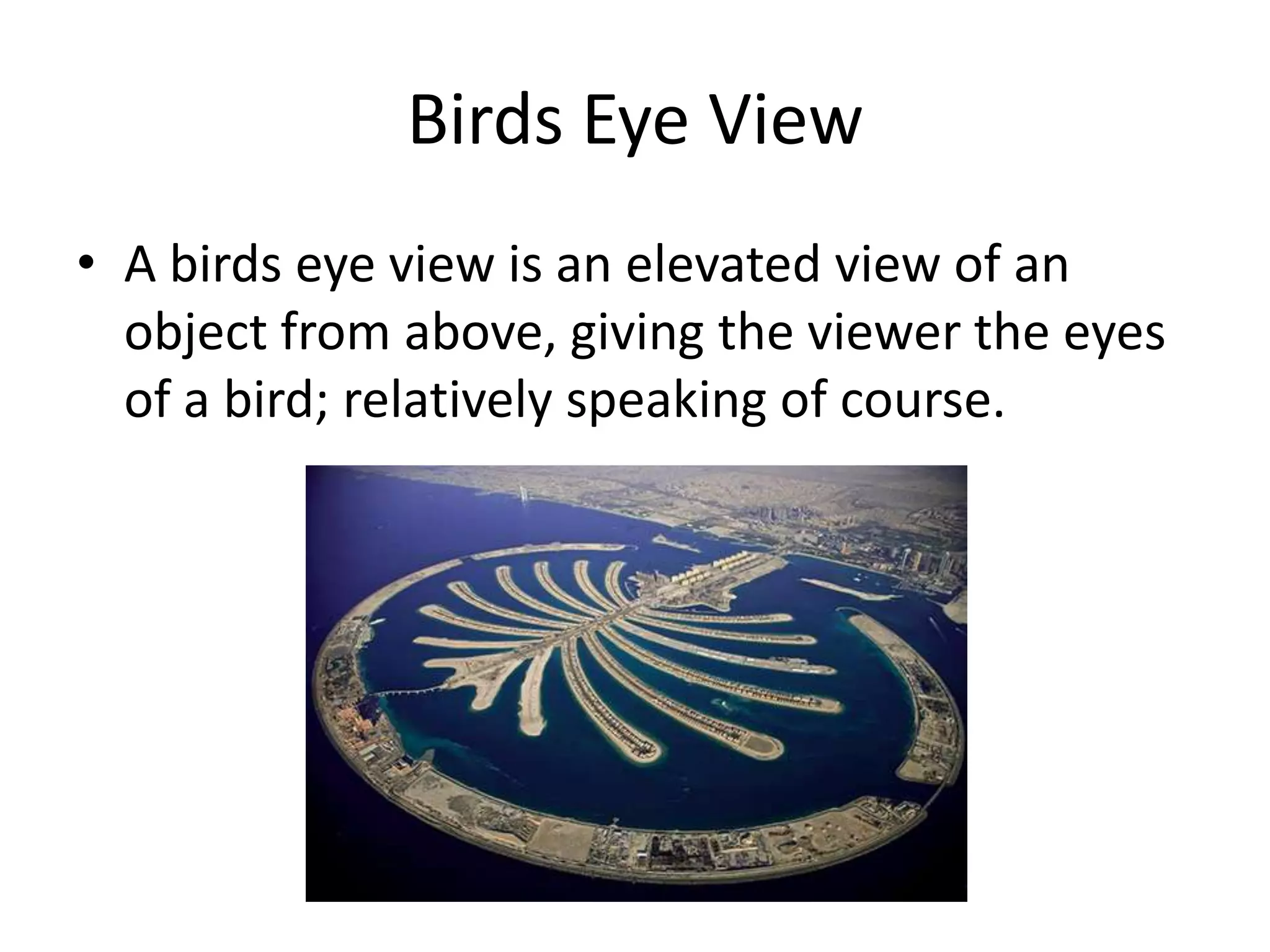 Birds Eye View
• A birds eye view is an elevated view of an
object from above, giving the viewer the eyes
of a bird; relatively speaking of course.