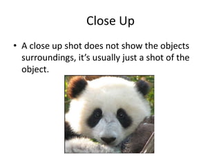 Close Up
• A close up shot does not show the objects
surroundings, it’s usually just a shot of the
object.