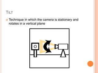 TILT
 Technique in which the camera is stationary and
rotates in a vertical plane
 