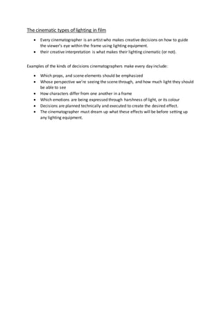 Camera shots, angles, framing, movements & lighting | DOCX