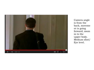 Camera angle
is from the
back, moveme
nt is going
forward, zoom
in to the
upper body.
Medium shot/
Eye level.
 