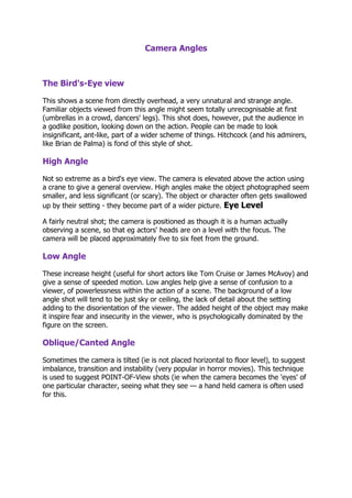 Shooting Angles Notes.pdf Camera Shots, Movement And Angles | DOCX