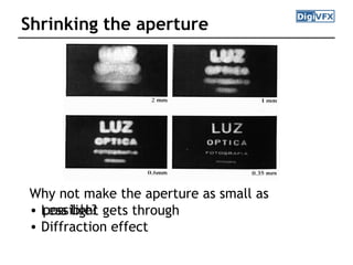 Shrinking the aperture
Why not make the aperture as small as
possible?• Less light gets through
• Diffraction effect
 