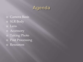 AgendaCamera BasisSLR BodyLensAccessoryTaking PhotoPost ProcessingResources