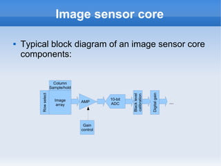Image sensor core

   Typical block diagram of an image sensor core
    components:


                        Column
                      Sample/hold




                                                                     Digital gain
         Row select




                                                       Black level
                                                       calibration
                        Image                 10-bit
                         array
                                    AMP
                                              ADC                                   ...



                                     Gain
                                    control
 