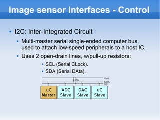 Image sensor interfaces - Control

   I2C: Inter-Integrated Circuit
       Multi-master serial single-ended computer bus,
        used to attach low-speed peripherals to a host IC.
       Uses 2 open-drain lines, w/pull-up resistors:
                   SCL (Serial CLock).
                   SDA (Serial DAta).
 