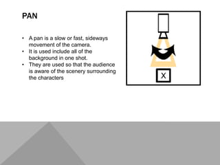 PAN
• A pan is a slow or fast, sideways
movement of the camera.
• It is used include all of the
background in one shot.
• They are used so that the audience
is aware of the scenery surrounding
the characters
 