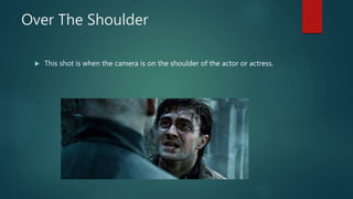 Over The Shoulder
 This shot is when the camera is on the shoulder of the actor or actress.
 