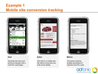 Example 1
Mobile site conversion tracking




 Goal                       Action                      Metrics

 Generate test drive and    One click to a mobile web   Conversion tracking
 brochure requests with a   site where consumers can    enables advertisers to
 Cost Per Lead target.      enter some details.         optimise Cost Per Lead.
 