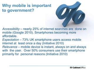 Why mobile is important
to government?



Accessibility – nearly 25% of internet searches are done on
mobile (Google 2010)...