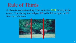27
Rule of Thirds
A photo is more interesting if the subject is NOT directly in the
center. Try placing your subject 1/3 to the left or right, or 1/3
from top or bottom.
 