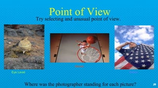 29
Point of ViewTry selecting and unusual point of view.
Where was the photographer standing for each picture?
Eye Level
Above
Below
 
