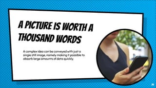 A complex idea can be conveyed with just a
single still image, namely making it possible to
absorb large amounts of data quickly.
34
 