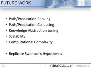 FUTURE WORK


 •   Path/Predication Ranking
 •   Path/Predication Collapsing
 •   Knowledge Abstraction tuning
 •   Scalability
 •   Computational Complexity

 • Replicate Swanson’s Hypotheses

                         20
 